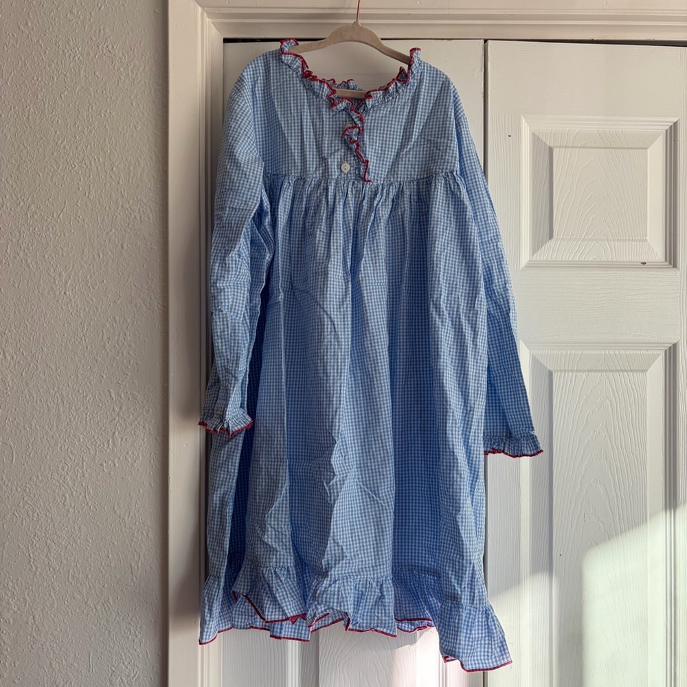 Girls 6-8Y Blue Gingham Checkered Pajama Nighgown with Red Ruffle Trim